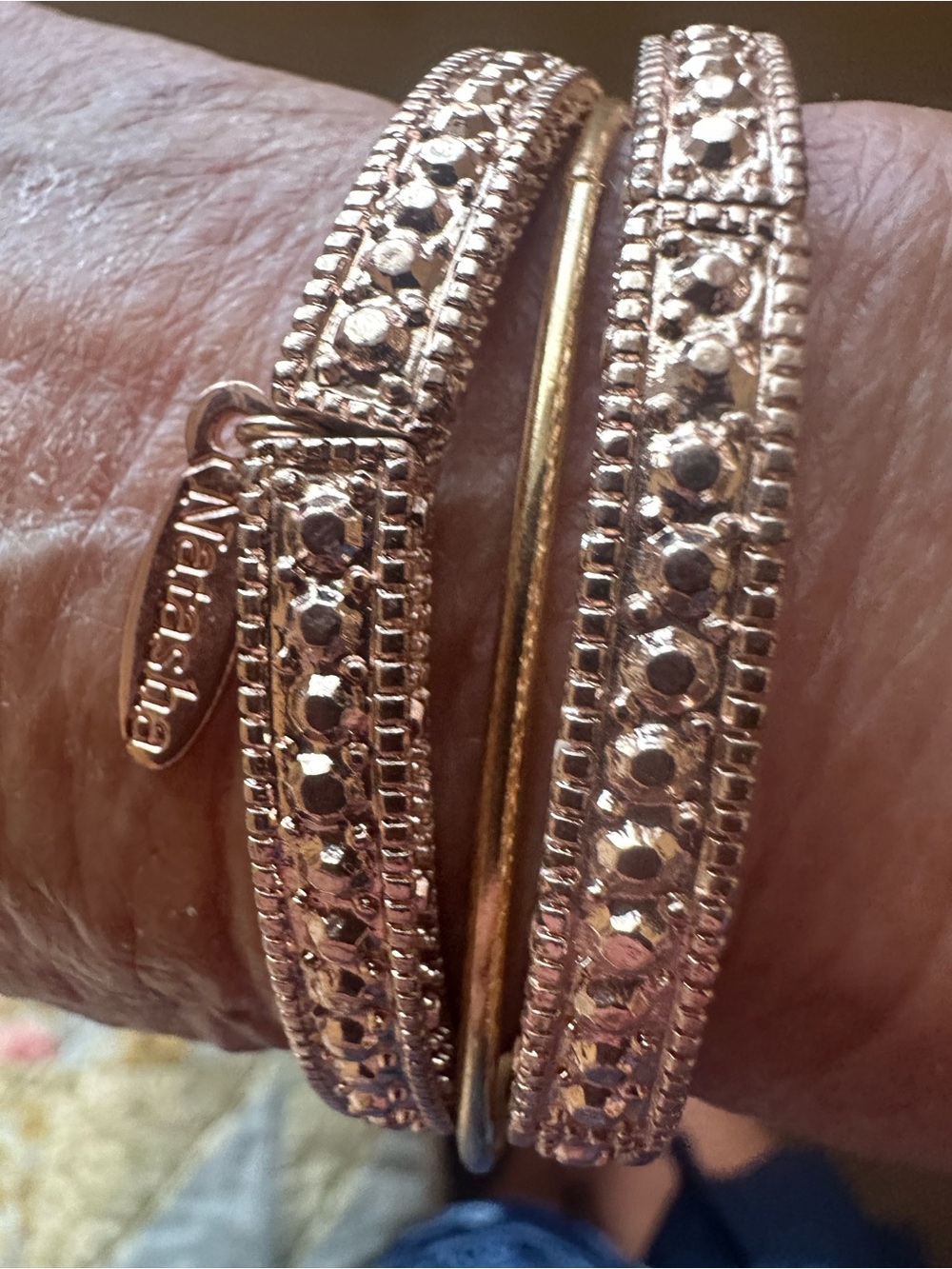Natasha Couture Rose Gold Textured Crystal Hinged Triple Bangle